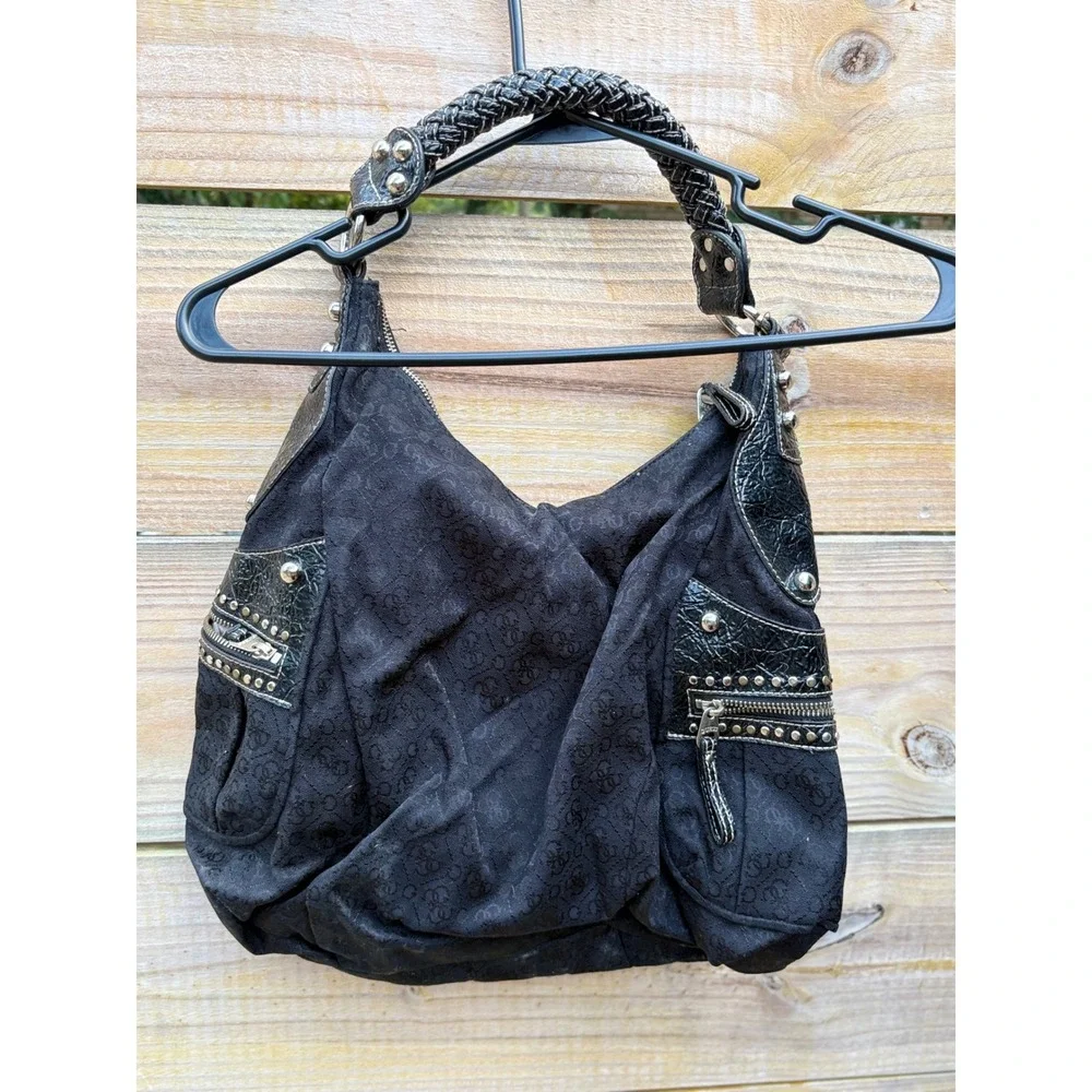 Guess Black Monogram Canvas Hobo Bag Patent Trim Studded Y2K Large G Logo